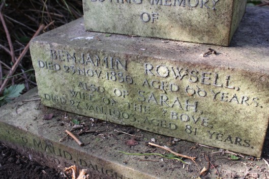 Benjamin and Sarah Rowsell's grave inscription at West Norwood Cemetery. 